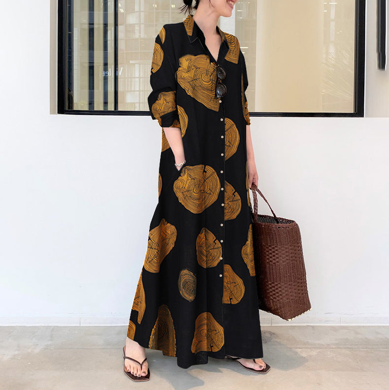 Women's Casual Maxi Dress - Long Sleeve - Button Down - Artistic Print
