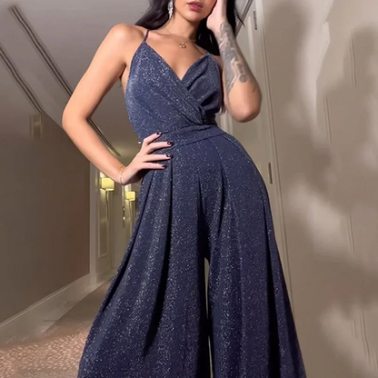 Women's Jumpsuit – Sleeveless V-Neck – Fitted Waist – Wide Legs – Shiny Finish