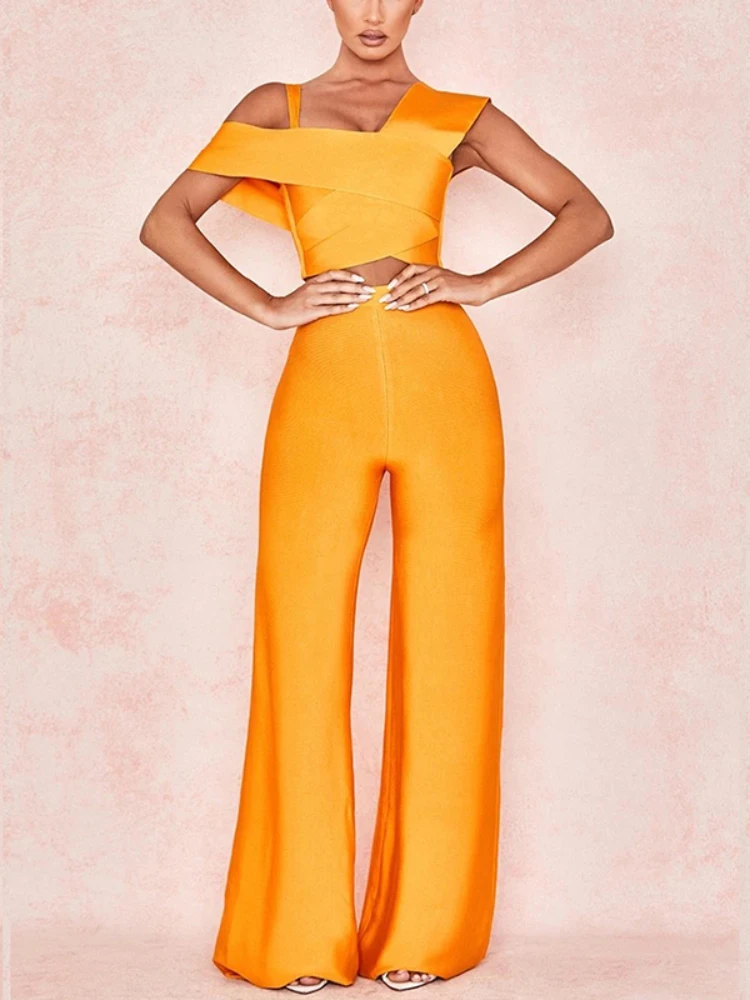 Women's Set - Off Shoulder Crop Top and High Waist Wide-Leg Pants - Elegant Fit