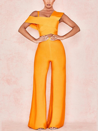 Women's Set - Off Shoulder Crop Top and High Waist Wide-Leg Pants - Elegant Fit
