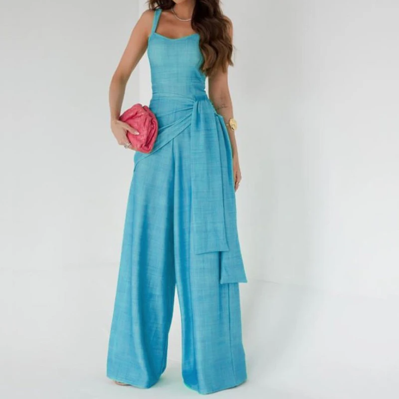 Women's Jumpsuit – Sleeveless – Adjustable Straps – Wide Leg – Waist Belt – Lightweight Material