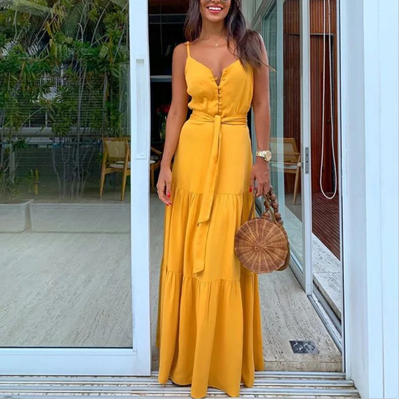 Women's Maxi Dress - Lightweight Fabric - A-Line Cut - V-Neck with Straps - Button Details