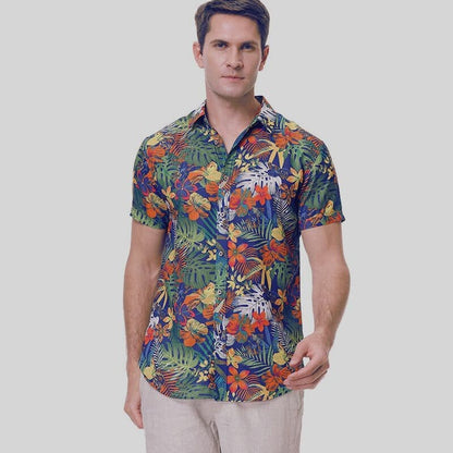 Men's Shirt - Short-Sleeved Hawaiian Shirt - Relaxed Fit - Tropical Floral Print
