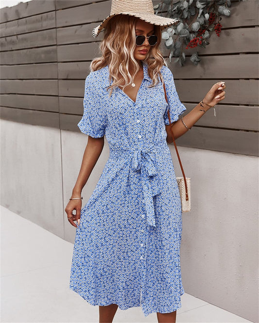 Women's Midi Dress - Button Closure & Tie Belt - Short Puff Sleeves - Floral Lightweight Design