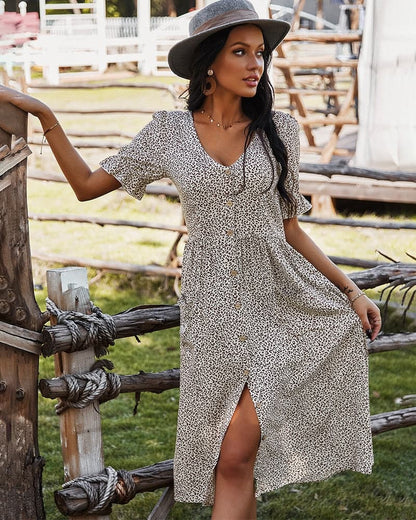 Women's Midi Dress - V-neck - Button Closure - Short Puff Sleeves - Light and Airy