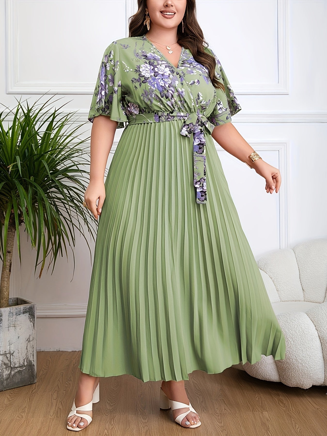 Women's Maxi Dress – V-Neck Wrap – Belted Waist – Short Sleeves – Pleated Skirt