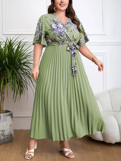 Women's Maxi Dress – V-Neck Wrap – Belted Waist – Short Sleeves – Pleated Skirt