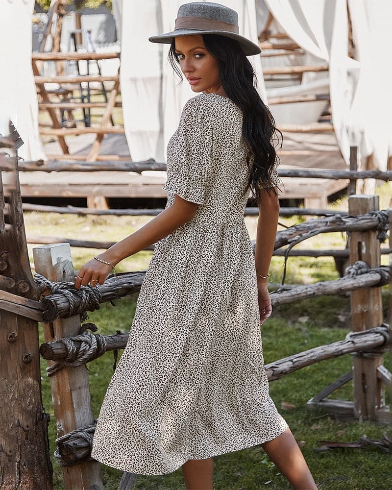 Women's Midi Dress - V-neck - Button Closure - Short Puff Sleeves - Light and Airy