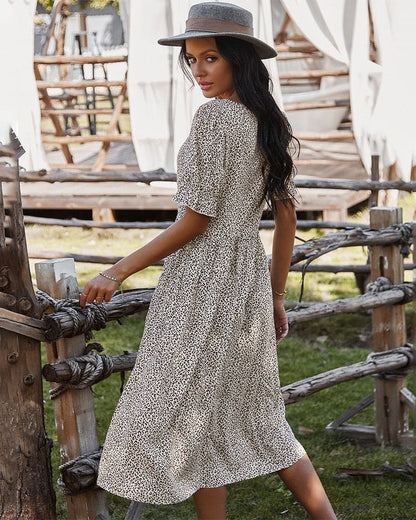 Women's Midi Dress - V-neck - Button Closure - Short Puff Sleeves - Light and Airy