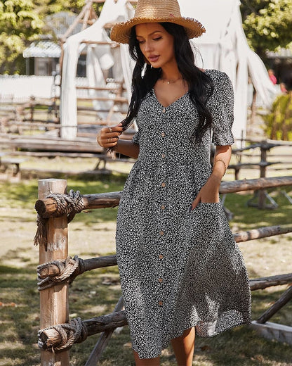 Women's Midi Dress - V-neck - Button Closure - Short Puff Sleeves - Light and Airy