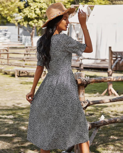 Women's Midi Dress - V-neck - Button Closure - Short Puff Sleeves - Light and Airy