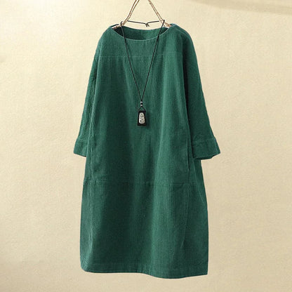 Women Corduroy Dress - Loose Fit - Three-Quarter Sleeves - Soft and Comfortable