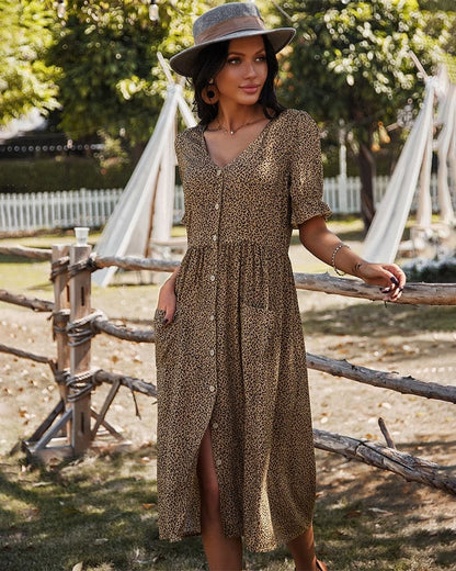 Women's Midi Dress - V-neck - Button Closure - Short Puff Sleeves - Light and Airy