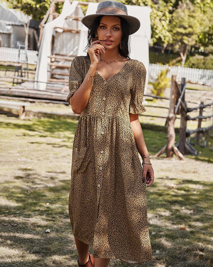 Women's Midi Dress - V-neck - Button Closure - Short Puff Sleeves - Light and Airy