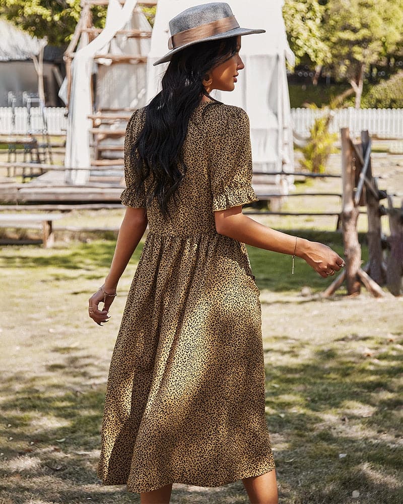 Women's Midi Dress - V-neck - Button Closure - Short Puff Sleeves - Light and Airy