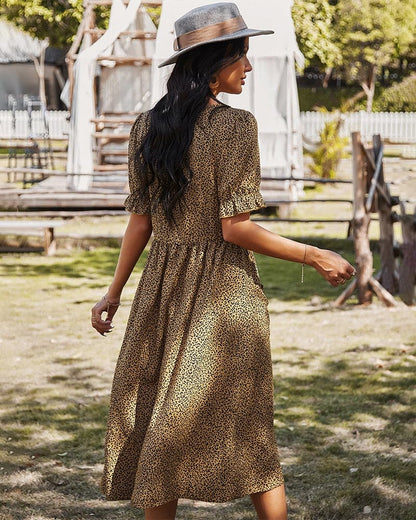 Women's Midi Dress - V-neck - Button Closure - Short Puff Sleeves - Light and Airy
