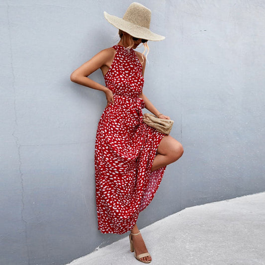 Women's Maxi Dress - Sleeveless Halterneck - Tie at the Waist - Light and Airy