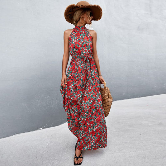 Women Maxi Dress - Halterneck - Sleeveless - Floral Print - Tie at Waist