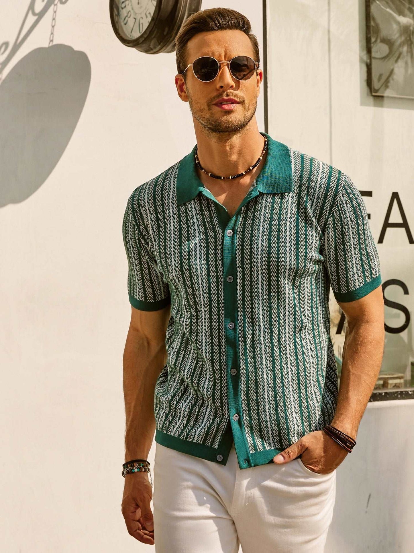 Men's Shirt - Button Closure - Short Sleeves - Retro Striped - Light and Breathable