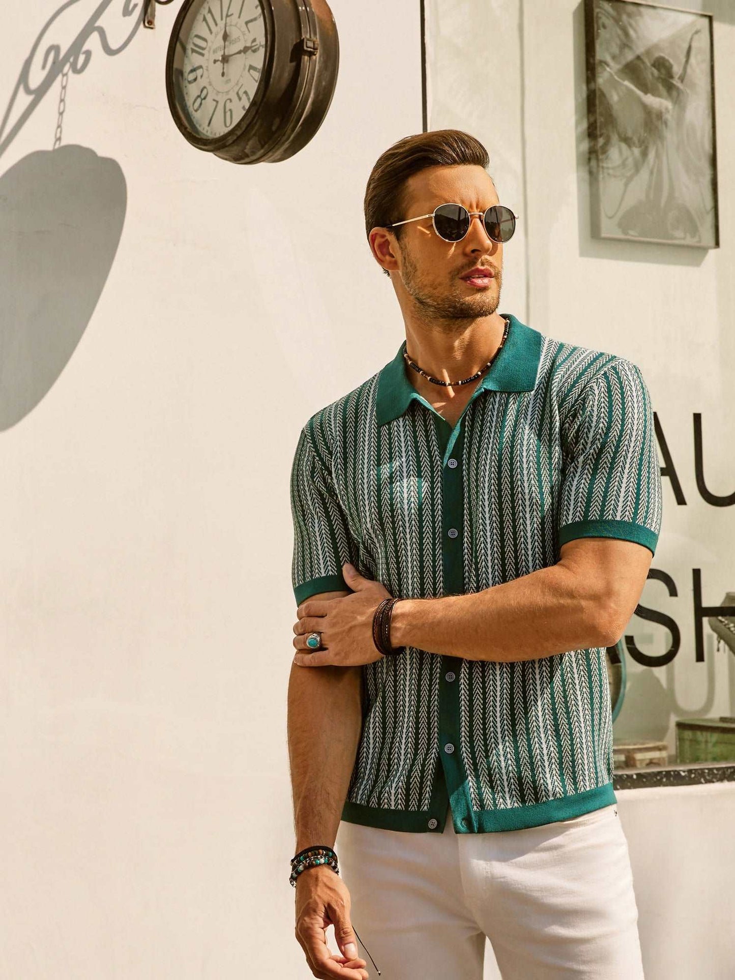 Men's Shirt - Button Closure - Short Sleeves - Retro Striped - Light and Breathable