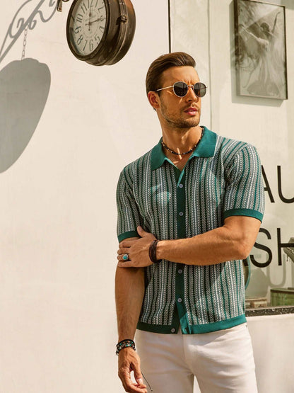 Men's Shirt - Button Closure - Short Sleeves - Retro Striped - Light and Breathable