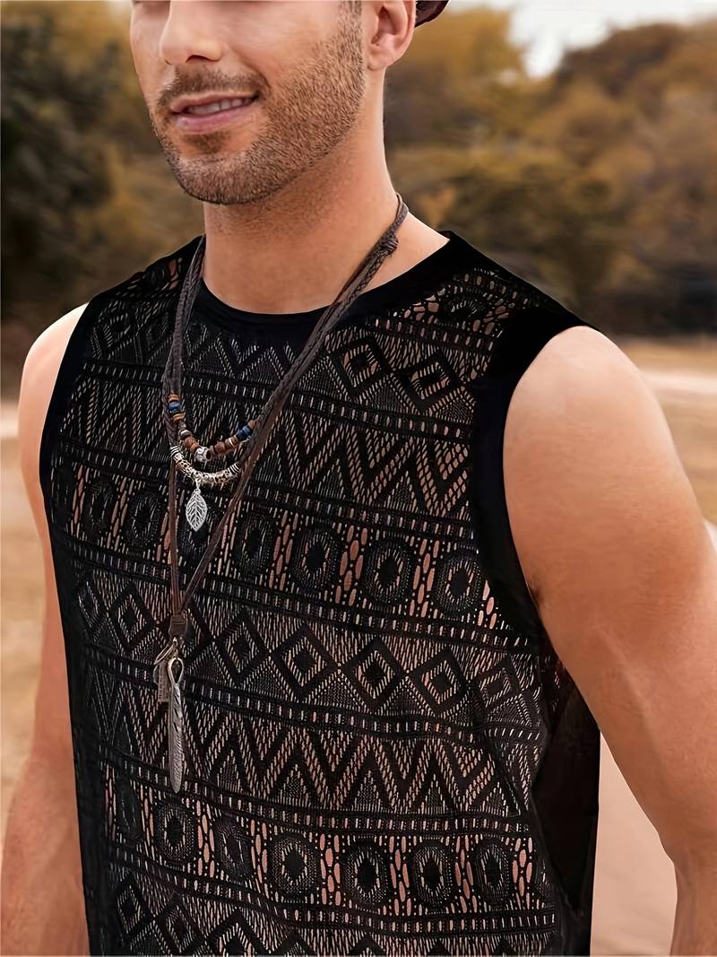 Men's Tank Top - Breathable Crochet Design - Geometric Pattern - Crew Neck