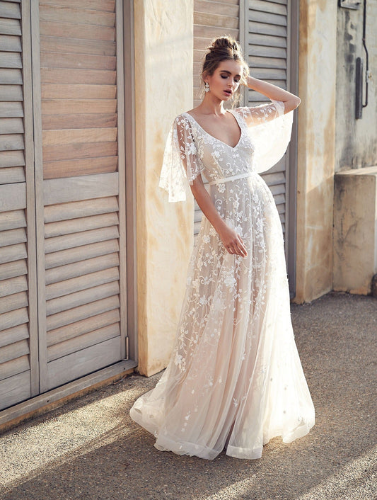 Dress for Women – Maxi Length – Flowy Fit – Embroidered Tulle – V-Neck – Short Sleeves