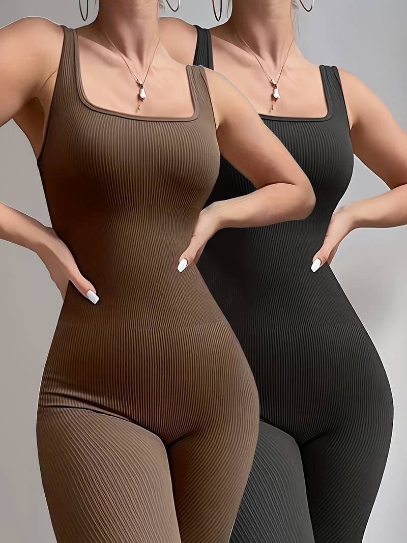 Women's Jumpsuit - Ribbed Texture - Sleeveless - Tight-fitting with Square Neckline