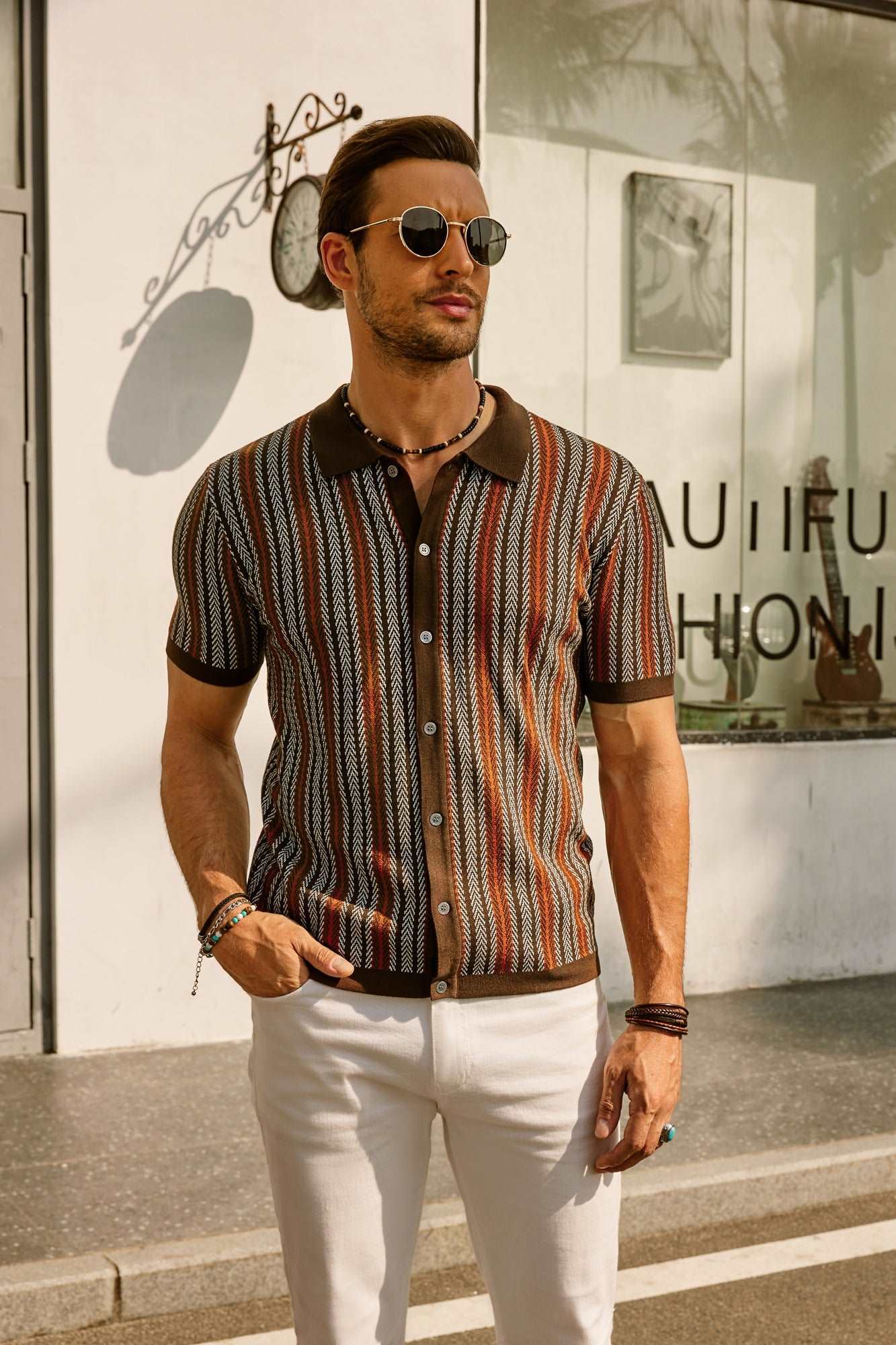 Men's Shirt - Button Closure - Short Sleeves - Retro Striped - Light and Breathable