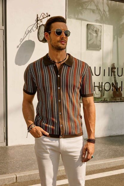 Men's Shirt - Button Closure - Short Sleeves - Retro Striped - Light and Breathable