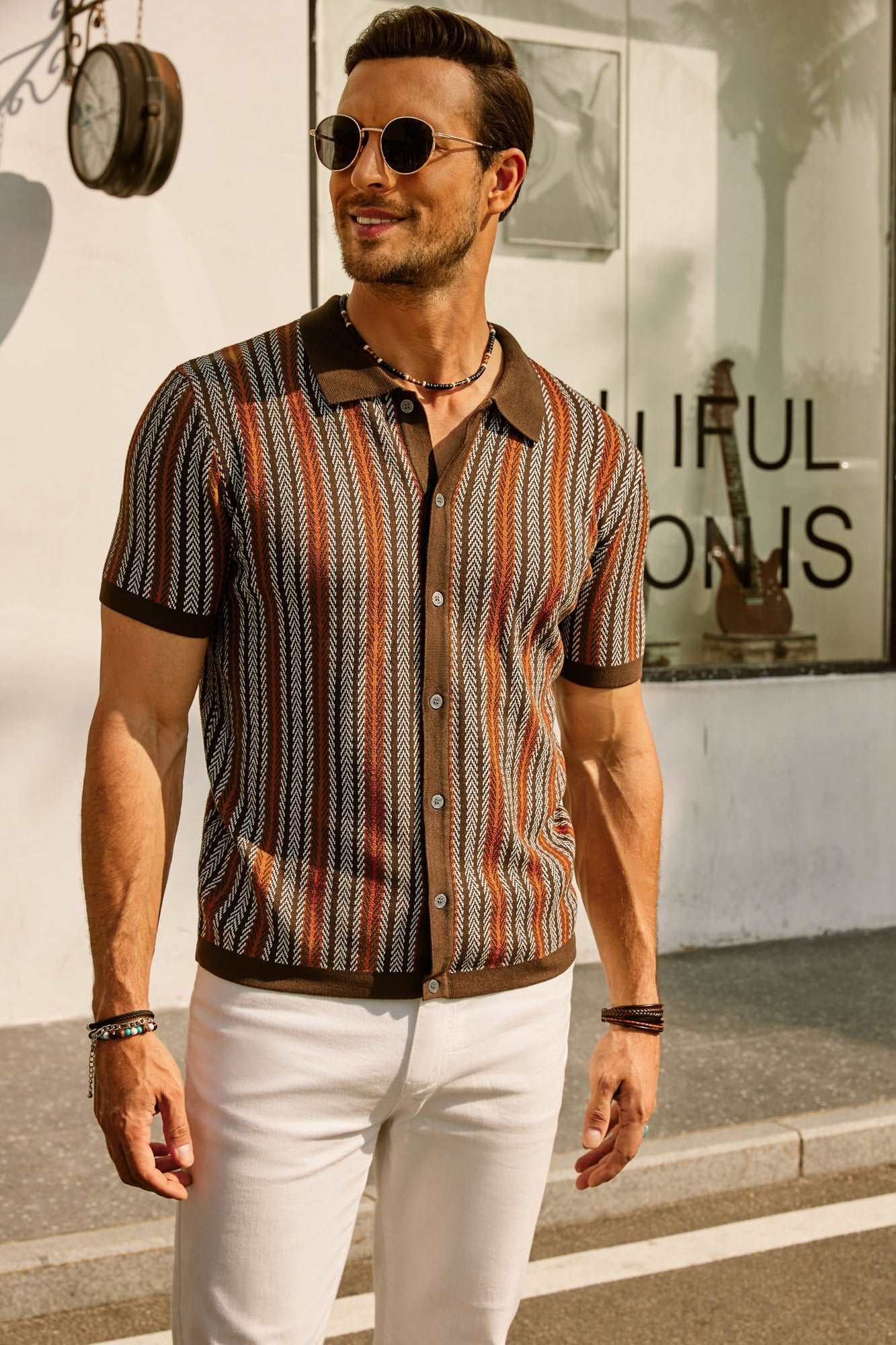 Men's Shirt - Button Closure - Short Sleeves - Retro Striped - Light and Breathable