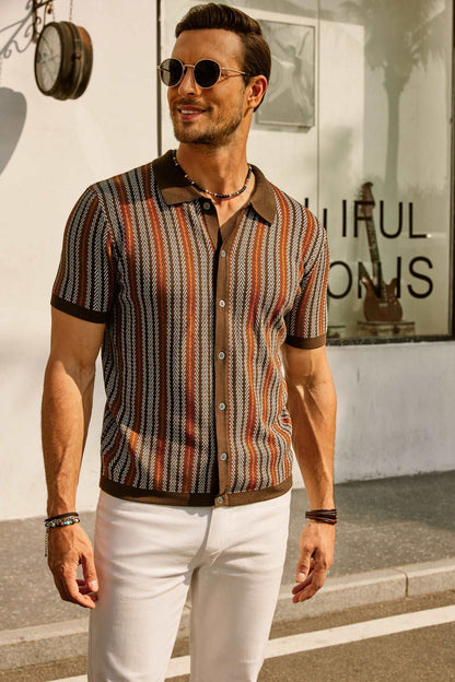 Men's Shirt - Button Closure - Short Sleeves - Retro Striped - Light and Breathable