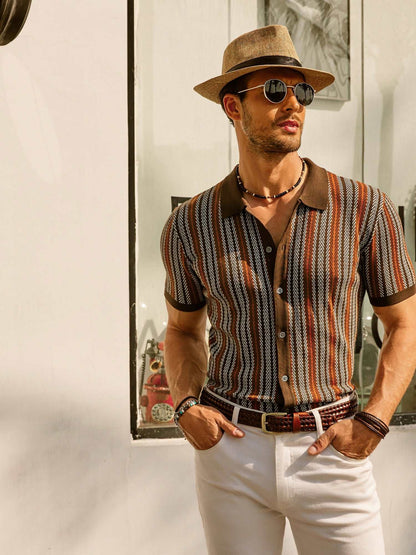 Men's Shirt - Button Closure - Short Sleeves - Retro Striped - Light and Breathable