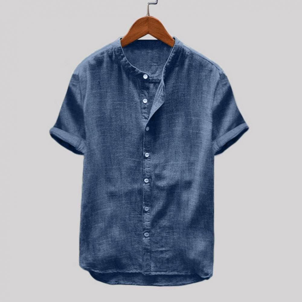 Men's Shirt - Light Linen - Relaxed Fit - Short Sleeves - Mandarin Collar