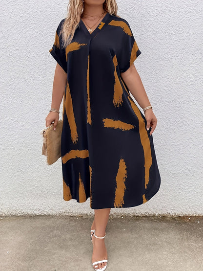 Women's Midi Dress - Loose Fit - V-neck - Short Sleeves - Light and Airy