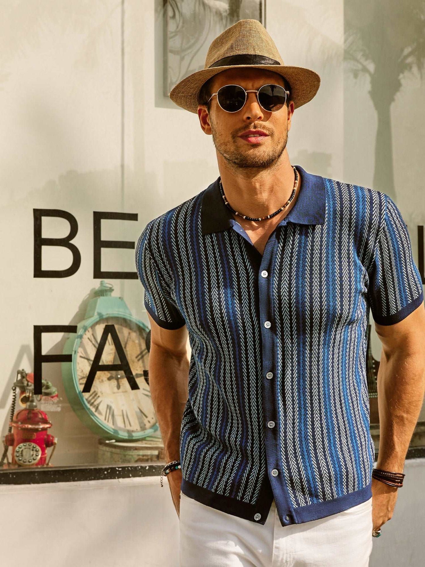 Men's Shirt - Button Closure - Short Sleeves - Retro Striped - Light and Breathable