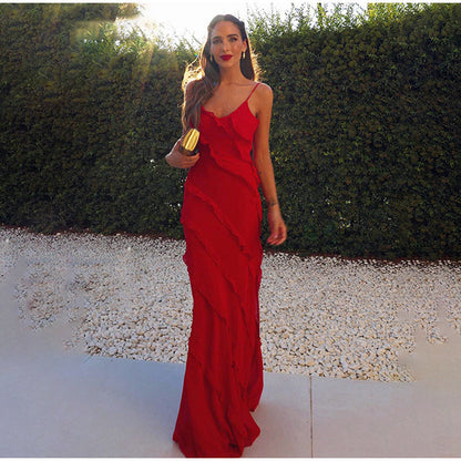 Women's Evening Dress - Long Flowy Silhouette - Spaghetti Straps - Elegant with Ruffle Details
