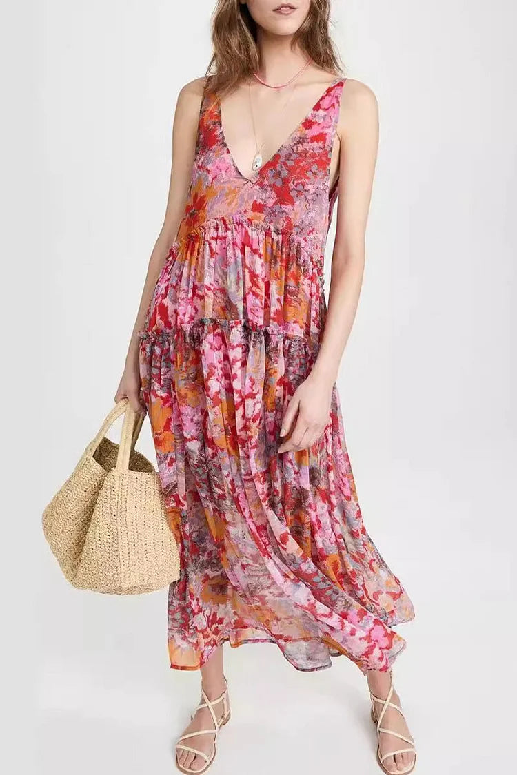 Women's Maxi Dress – Sleeveless – V-Neck – Spaghetti Straps – Light and Airy – Layered Design