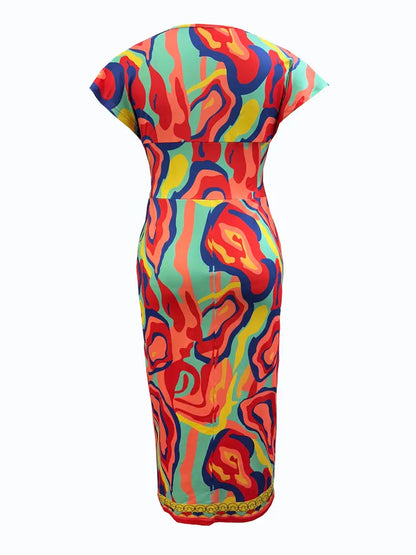 Women Bodycon Dress - Midi Length - V-Neck - Patchwork Design - Short Sleeves