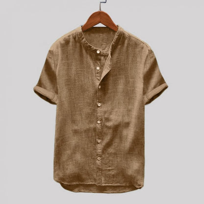 Men's Shirt - Light Linen - Relaxed Fit - Short Sleeves - Mandarin Collar