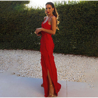 Women's Evening Dress - Long Flowy Silhouette - Spaghetti Straps - Elegant with Ruffle Details