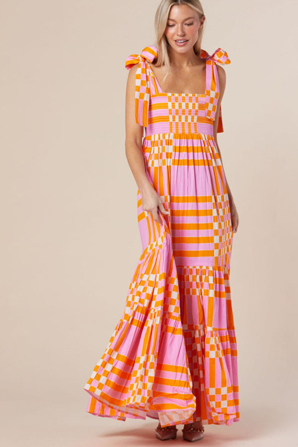 Women's Maxi Dress – A-Line Fit – Bow Straps – Lightweight Woven Fabric – Checkered Pattern
