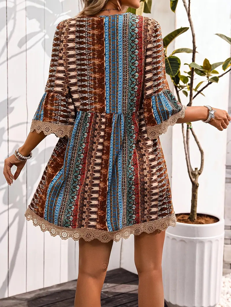 Women's Dress - Bohemian Style - V-Neck - Loose Ruffle Sleeves - Light and Breathable
