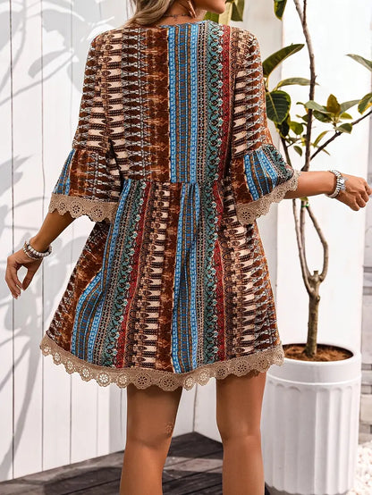 Women's Dress - Bohemian Style - V-Neck - Loose Ruffle Sleeves - Light and Breathable