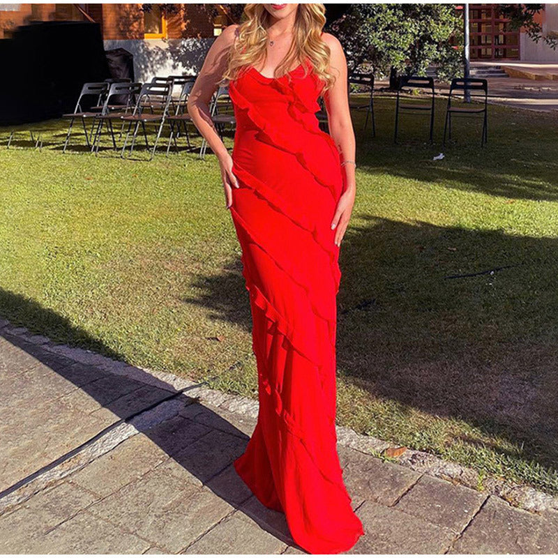 Women's Evening Dress - Long Flowy Silhouette - Spaghetti Straps - Elegant with Ruffle Details