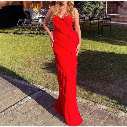 Women's Evening Dress - Long Flowy Silhouette - Spaghetti Straps - Elegant with Ruffle Details
