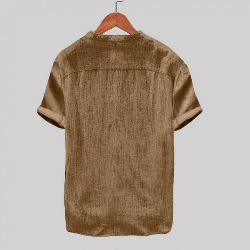 Men's Shirt - Light Linen - Relaxed Fit - Short Sleeves - Mandarin Collar