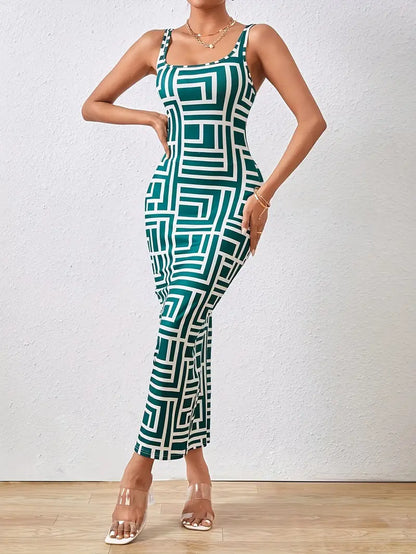 Women's Bodycon Dress - Midi Length - Geometric Pattern - Square Neckline - Thin Straps