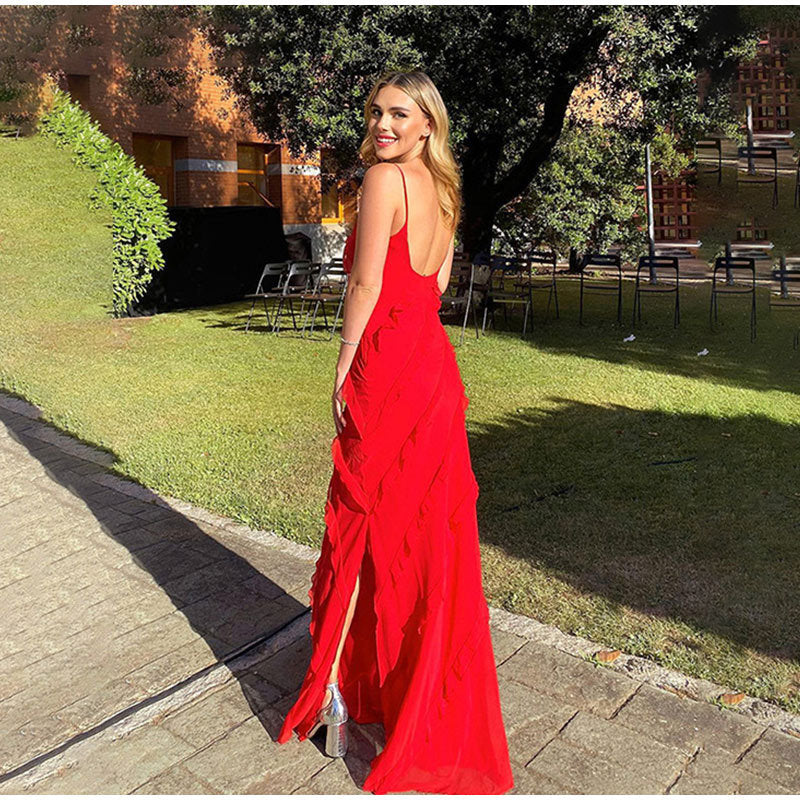 Women's Evening Dress - Long Flowy Silhouette - Spaghetti Straps - Elegant with Ruffle Details