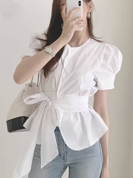 Women's Blouse - Puff Sleeves & Tie Band - Peplum Design - Elegant & Flattering Fit